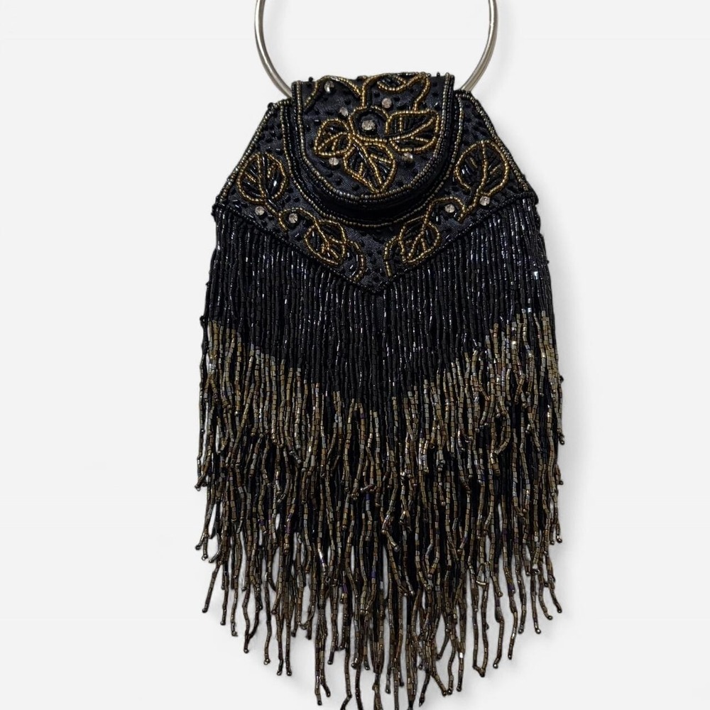 Vintage Beaded Fringe Evening Bag Black Gold Floral Rhinestone Ring Handle Purse
